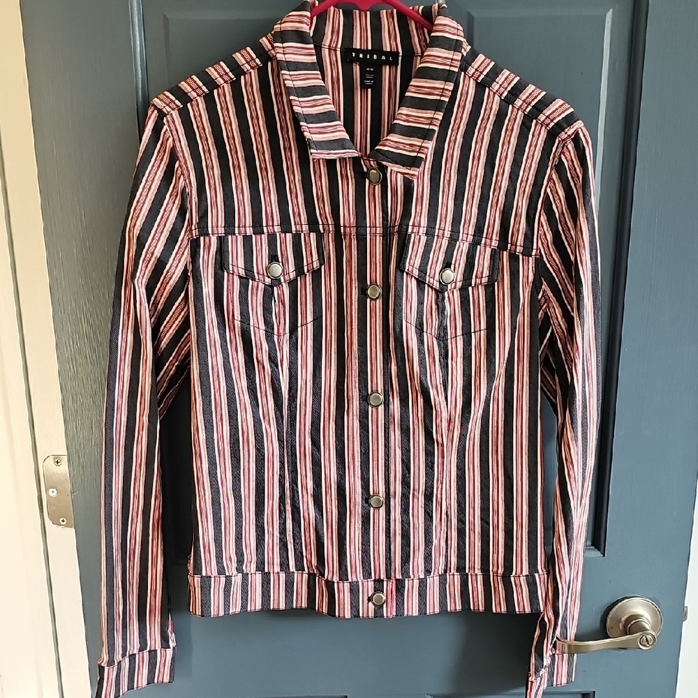 Jean Jacket Vintage Tribal Striped Medium Coat Red Blue White Stretch Retro